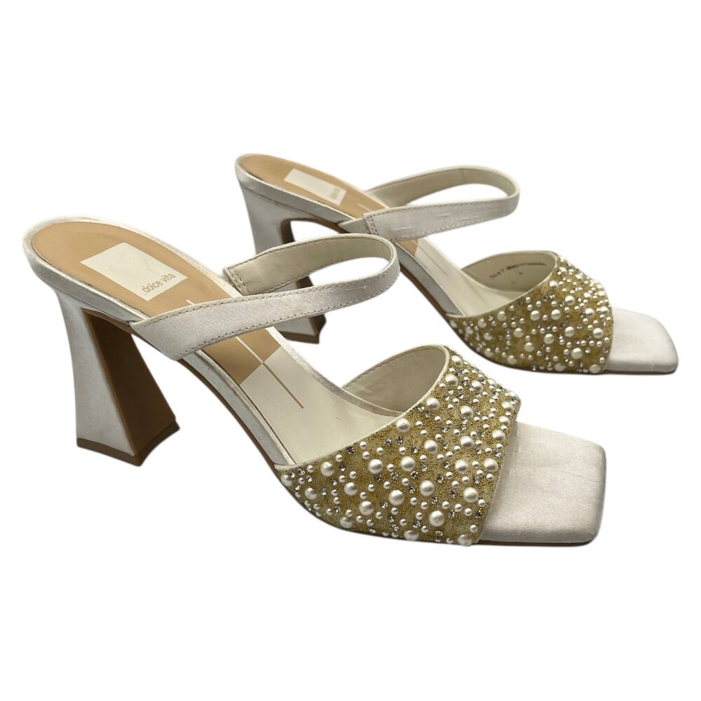 Dolce Vita Heels Sandals Nasia Rhinestone Pearl Slide Slip On Ivory White Size 7